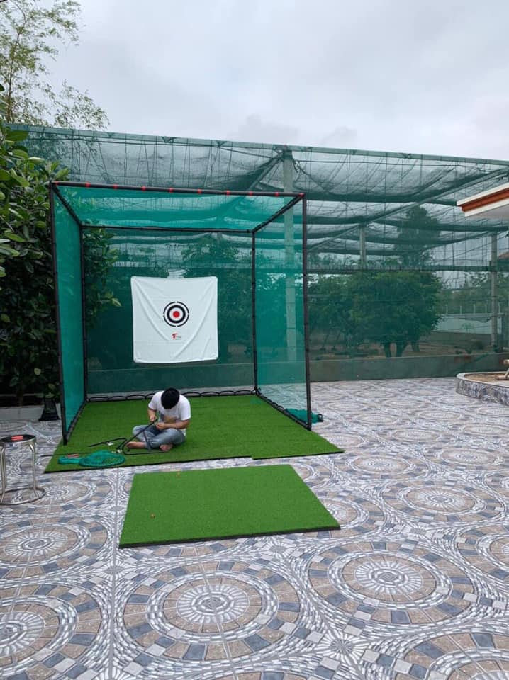 (Combo 3) Khung golf 3x3x3m, thảm swing 1.5x1.5m, hồng tâm, cỏ lót nền