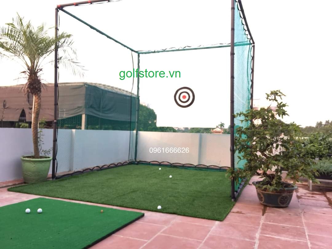 (Combo 3) Khung golf 3x3x3m, thảm swing 1.5x1.5m, hồng tâm, cỏ lót nền